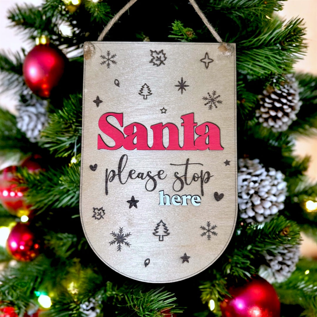 Santa Please Stop Here Sign - Wooden Christmas Hanging Decor for Wall, Window or Door