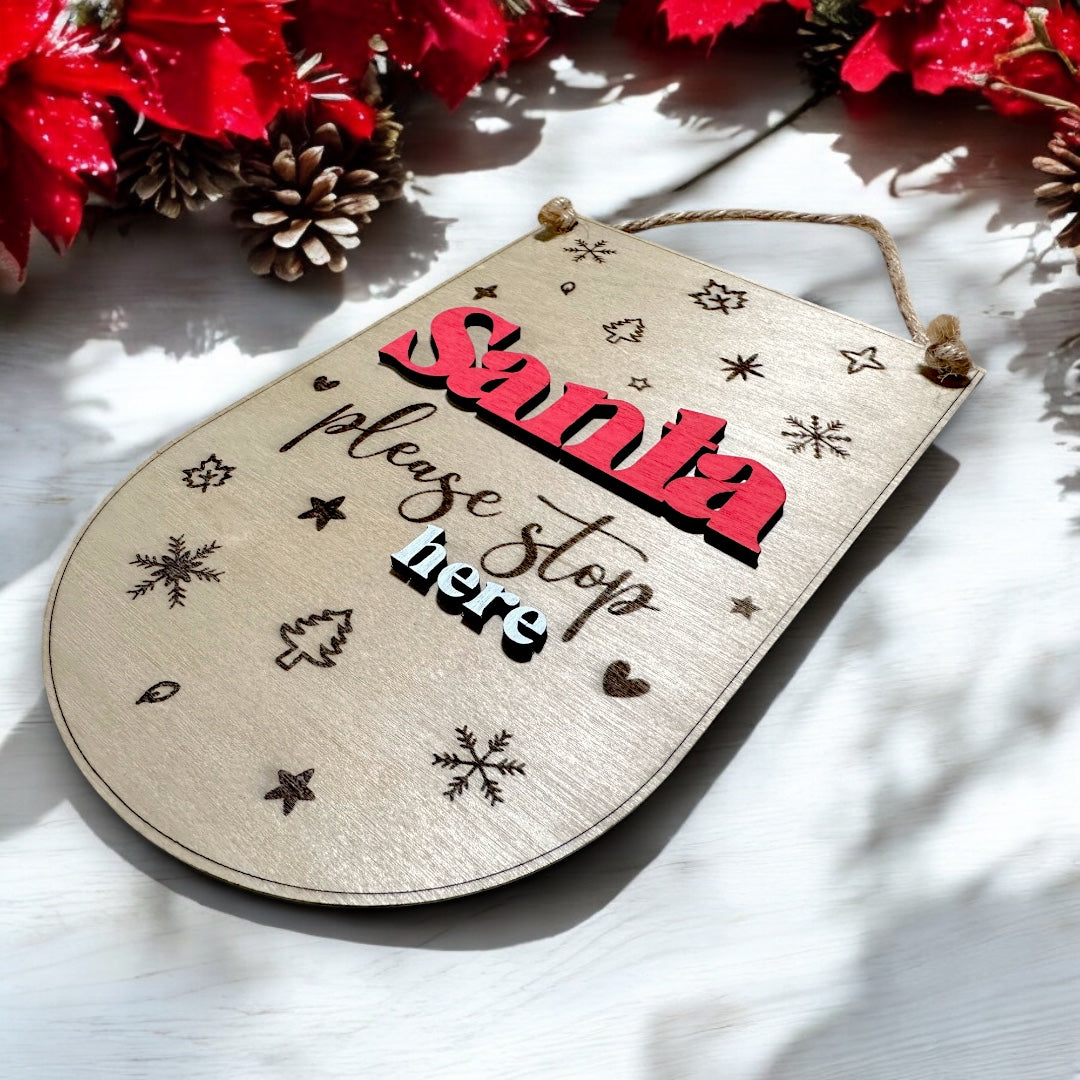 Santa Please Stop Here Sign - Wooden Christmas Hanging Decor for Wall, Window or Door
