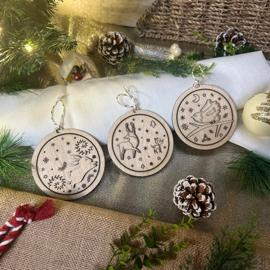 Wooden Christmas Animal Ornaments Pack of 3, Robin, Rabbit and Deer