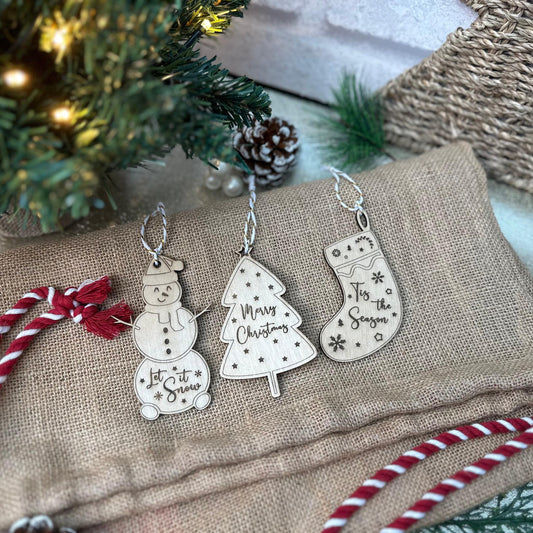 Christmas Tree Ornaments Pack of 3 - Laser Cut and Laser Engraved, Wooden Tree, Stocking and Snowman