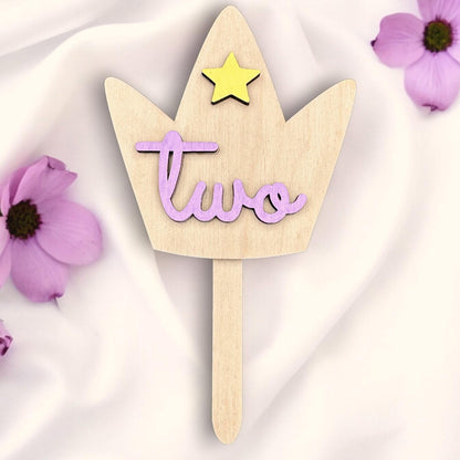 Crown Wooden Birthday Cake Topper - Age Two Years Old