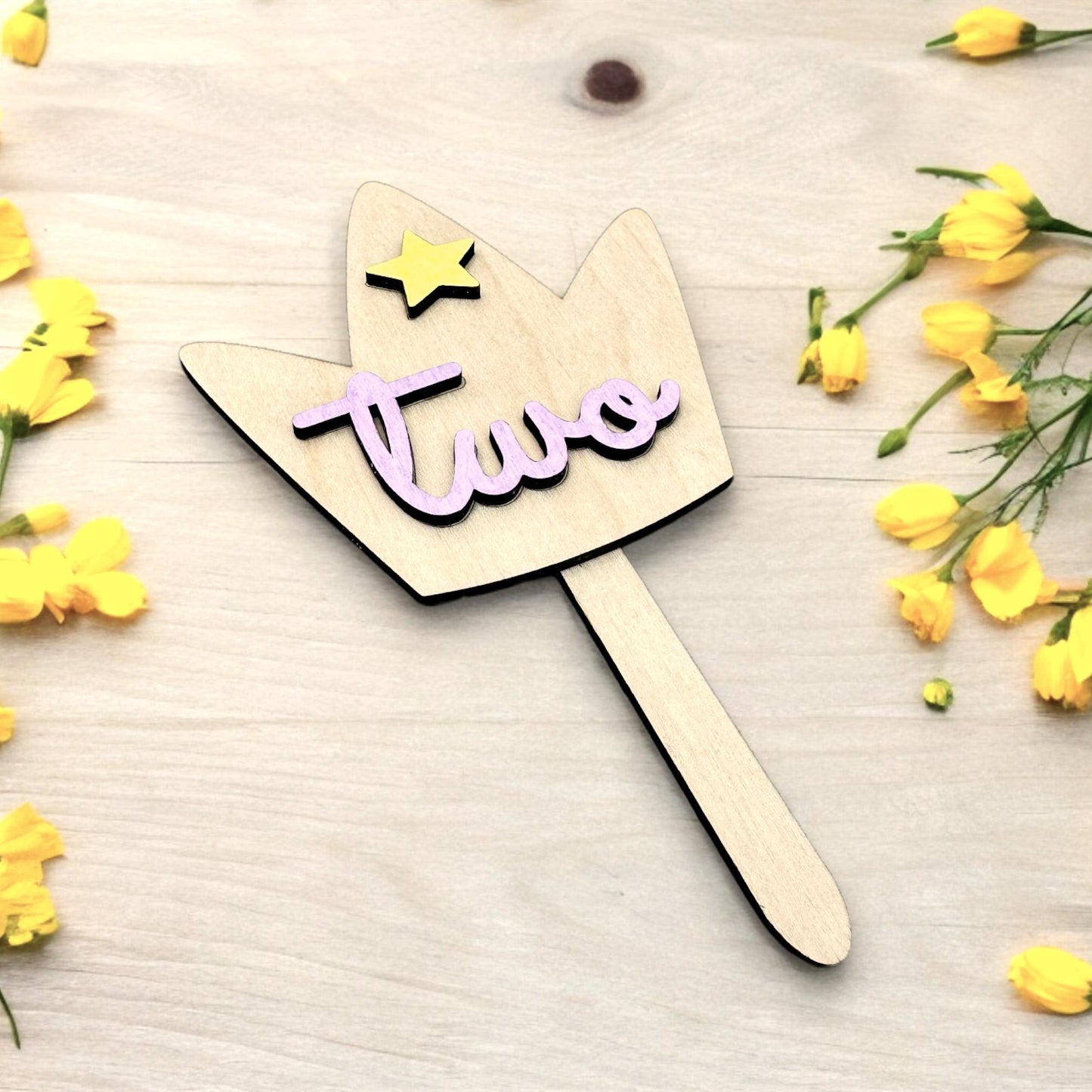 Crown Wooden Birthday Cake Topper - Age Two Years Old