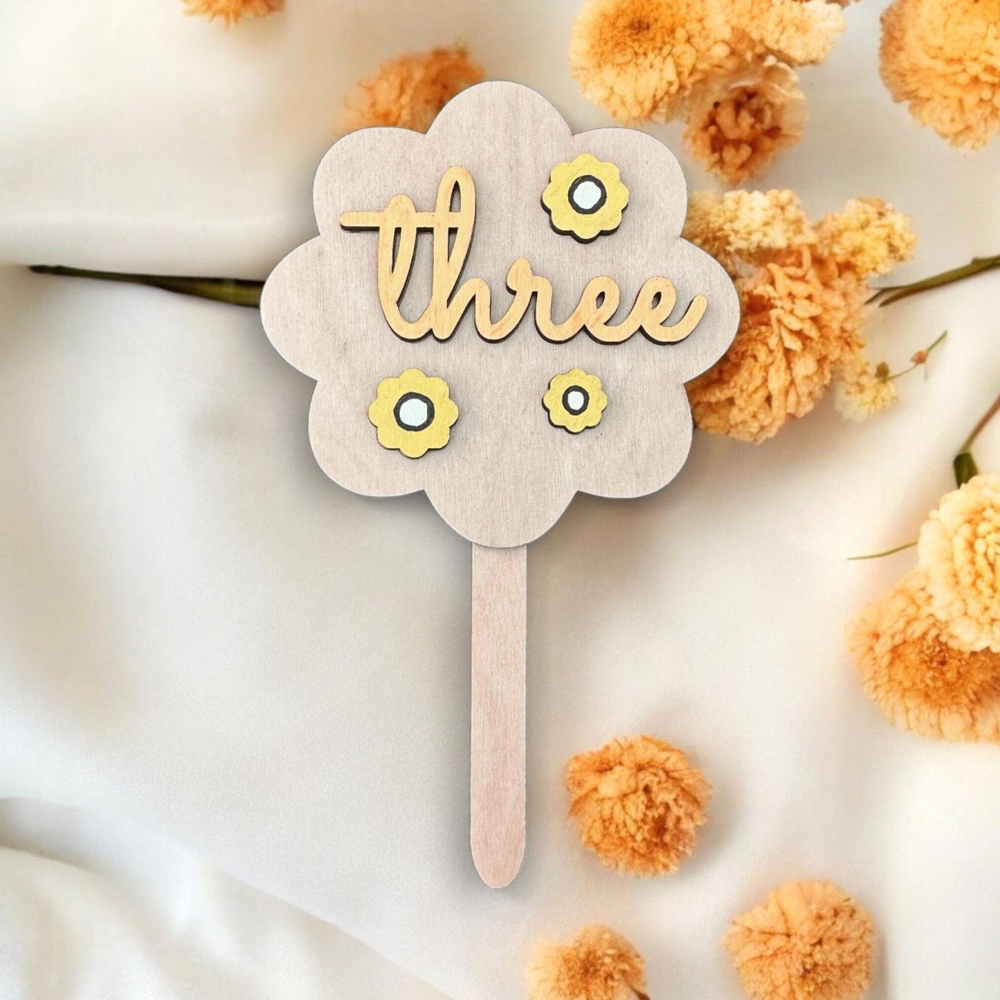 Daisy Wooden Birthday Cake Topper - Age Three Years Old
