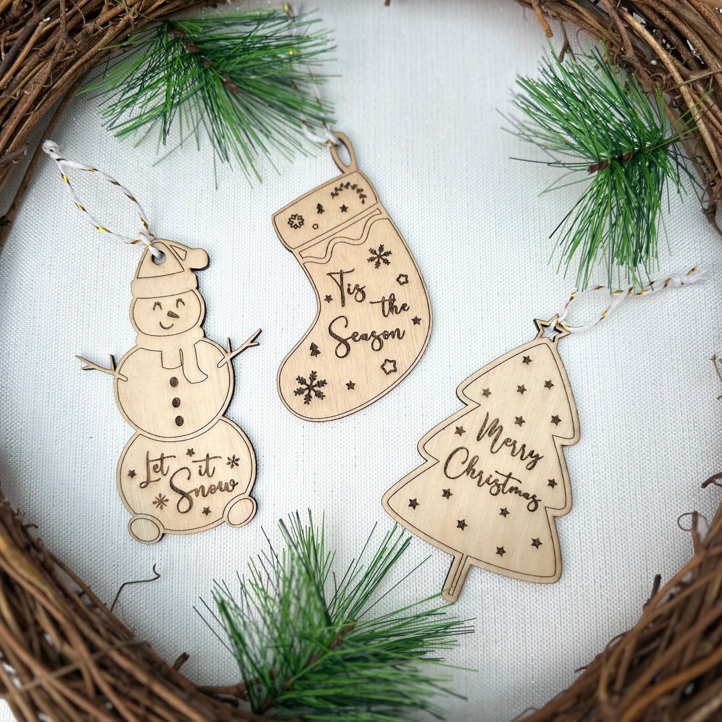 Christmas Tree Ornaments Pack of 3 - Laser Cut and Laser Engraved, Wooden Tree, Stocking and Snowman
