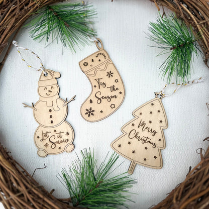 Christmas Tree Ornaments Pack of 3 - Laser Cut and Laser Engraved, Wooden Tree, Stocking and Snowman