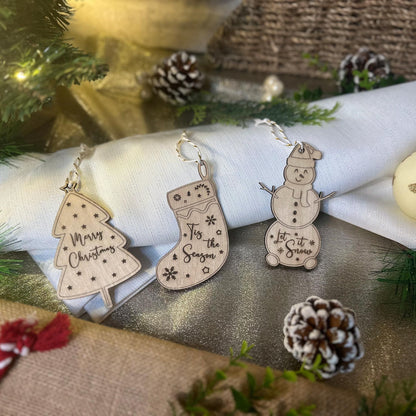 Christmas Tree Ornaments Pack of 3 - Laser Cut and Laser Engraved, Wooden Tree, Stocking and Snowman