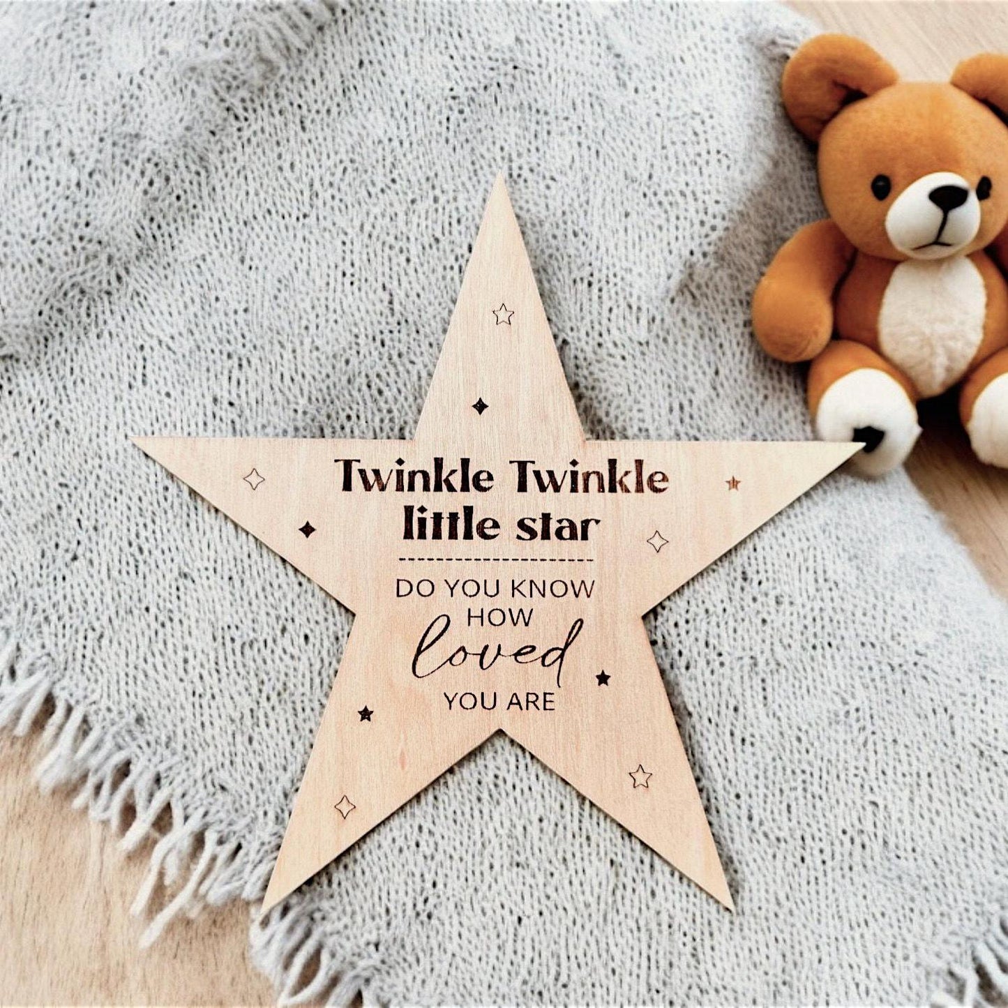 Baby Arrival Wooden Star Sign includes Engraved Nursery Rhyme for Baby Photography or Baby Shower