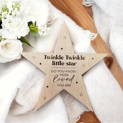 Baby Arrival Wooden Star Sign includes Engraved Nursery Rhyme for Baby Photography or Baby Shower