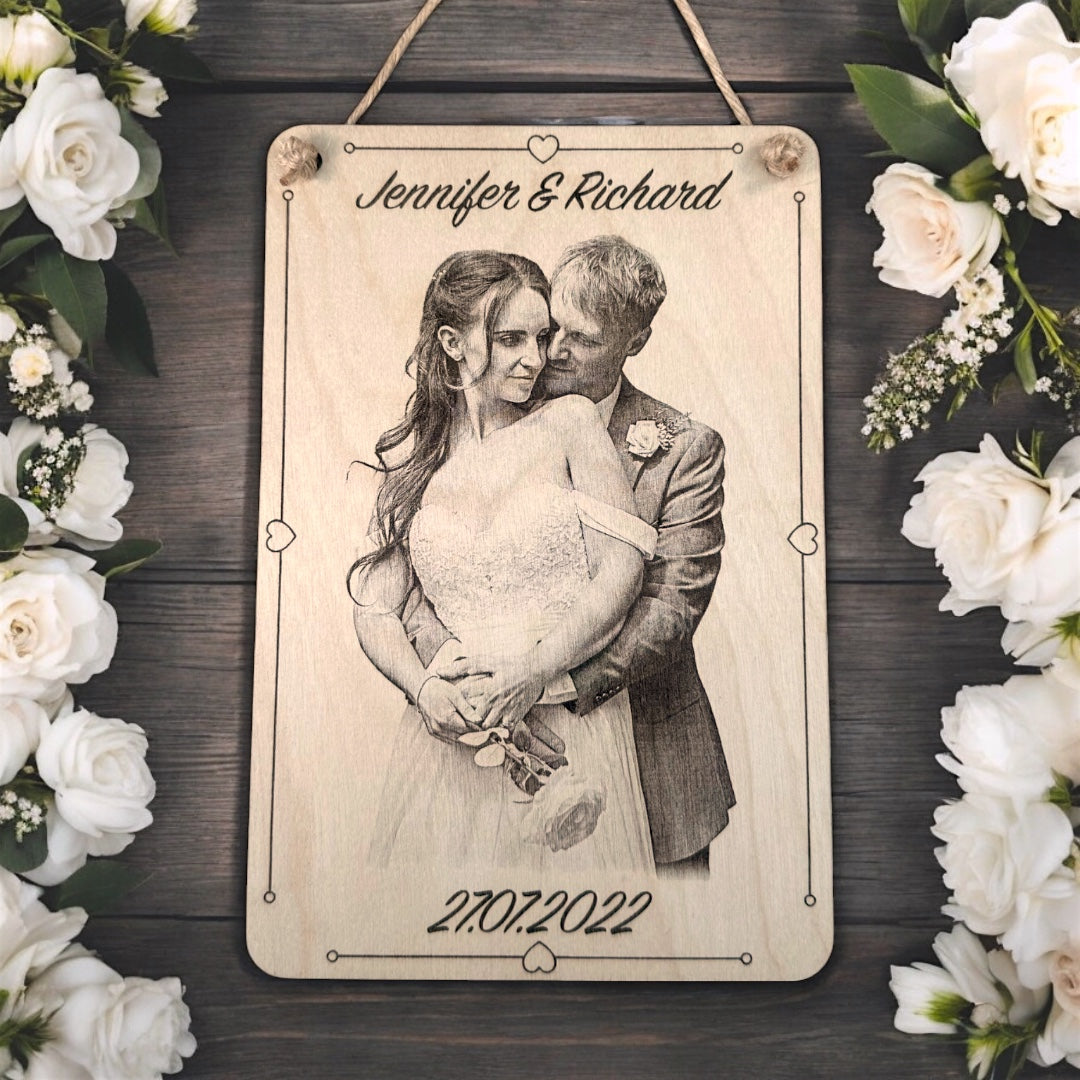 Personalised Wooden Photo Plaque - Custom Engraved with Name & Date for Family, Couples & Pets