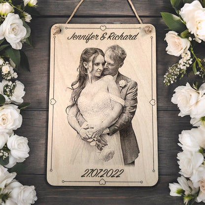 Personalised Wooden Photo Plaque - Custom Engraved with Name & Date for Family, Couples & Pets