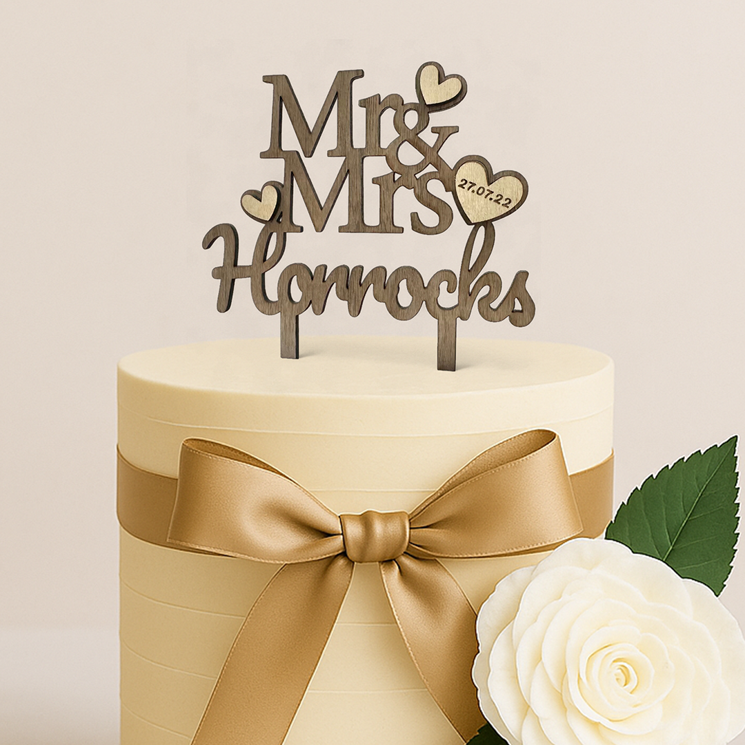 Mr & Mrs Personalised Wedding Surname & Date Rustic Wooden Cake Topper
