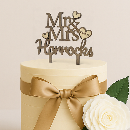 Mr & Mrs Personalised Wedding Surname & Date Rustic Wooden Cake Topper