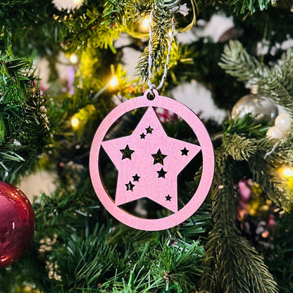 Rose Gold Metallic Wooden Christmas Ornaments – Set of 3 (Snowflake, Bauble, Star)