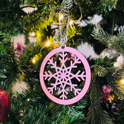 Rose Gold Metallic Wooden Christmas Ornaments – Set of 3 (Snowflake, Bauble, Star)