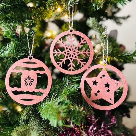 Rose Gold Metallic Wooden Christmas Ornaments – Set of 3 (Snowflake, Bauble, Star)