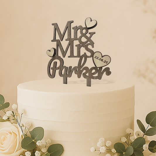 Mr & Mrs Personalised Wedding Surname & Date Rustic Wooden Cake Topper