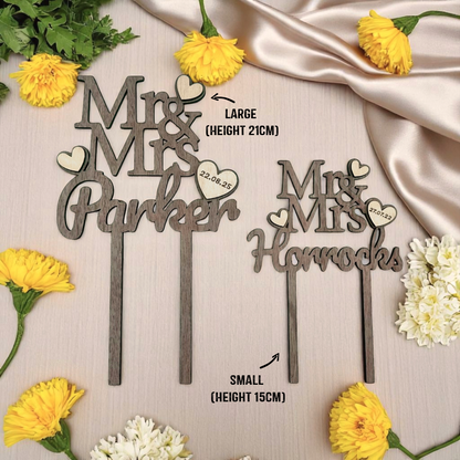 Mr & Mrs Personalised Wedding Surname & Date Rustic Wooden Cake Topper