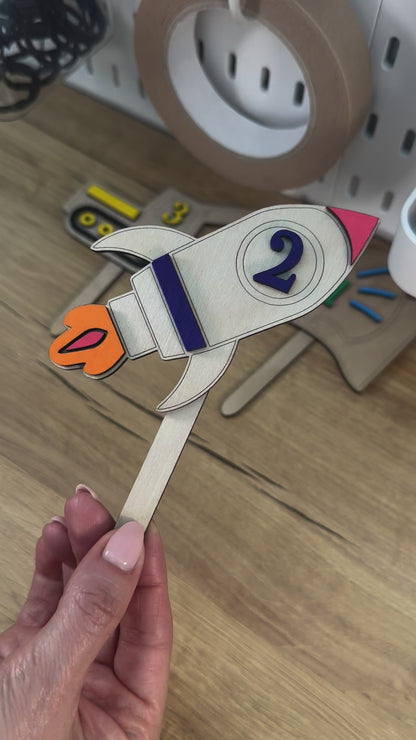Space Rocket Ship Birthday Cake Topper, Age Two Years Old for Boys Birthday Party