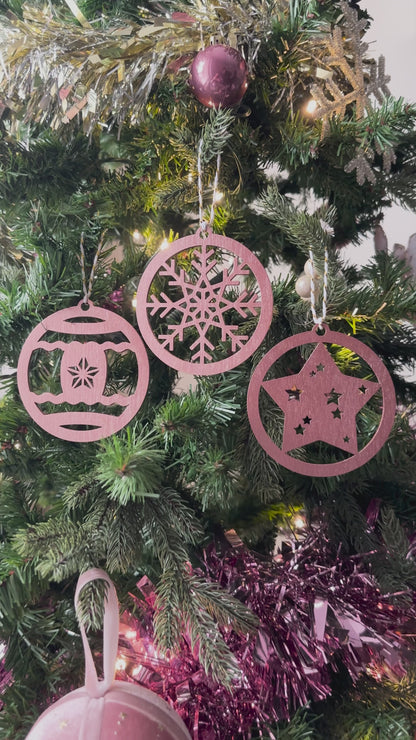 Rose Gold Metallic Wooden Christmas Ornaments – Set of 3 (Snowflake, Bauble, Star)