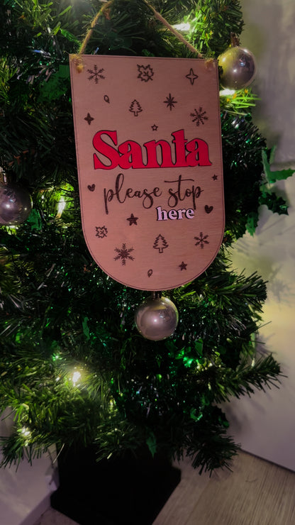 Santa Please Stop Here Sign - Wooden Christmas Hanging Decor for Wall, Window or Door