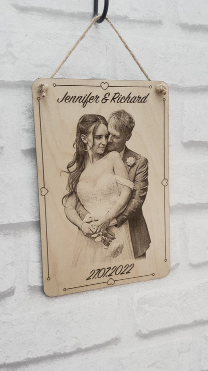 Personalised Wooden Photo Plaque - Custom Engraved with Name & Date for Family, Couples & Pets
